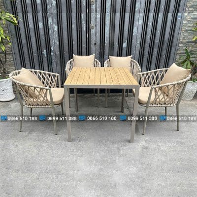 Bàn ghế cafe ngoài trời khung nhôm đan dây dù