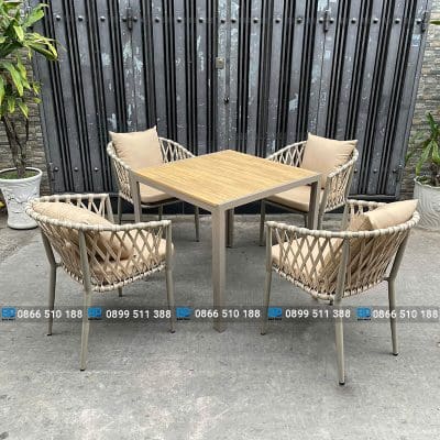 Bàn ghế cafe ngoài trời khung nhôm đan dây dù cao cấp