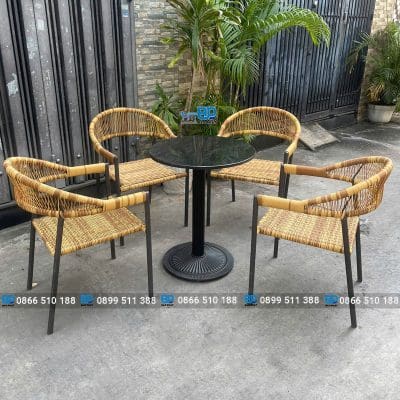Bàn ghế nhựa giả mây quán cà phê đan dây tròn