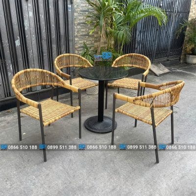 Bàn ghế nhựa giả mây quán cà phê đan dây tròn