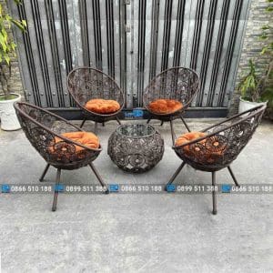 Bộ bàn ghế nhựa giả mây thư giãn ban công ghế đồng tiền nâu 9 bàn ghế nhựa giả mây thư giãn ban công ghế đồng tiền nâu