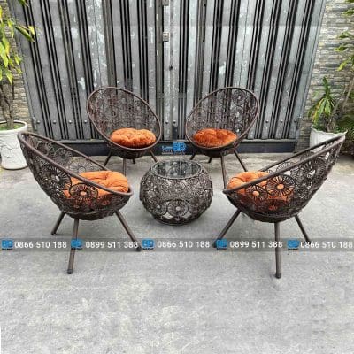 bàn ghế nhựa giả mây thư giãn ban công ghế đồng tiền nâu