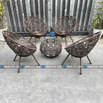 bàn ghế nhựa giả mây thư giãn ban công ghế đồng tiền nâu