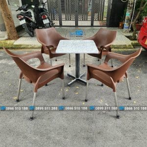Bộ bàn ghế cafe nhựa đúc chân inox màu nâu