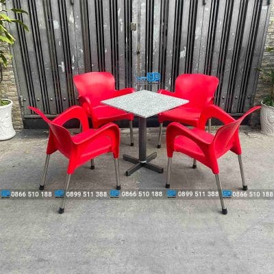 Bộ bàn ghế cafe nhựa đúc chân inox nữ hoàng màu đỏ.