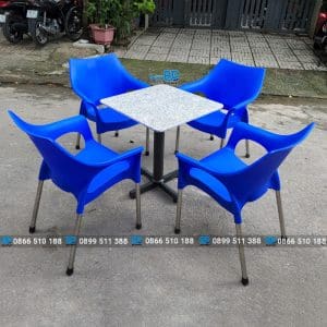 Bộ bàn ghế cafe nhựa đúc chân inox xanh dương