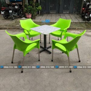 Bộ bàn ghế cafe nhựa đúc chân inox màu xanh lá