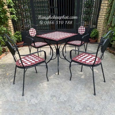 Bàn ghế sân vườn ngoài trời khung sắt mặt đá mosaic BP006