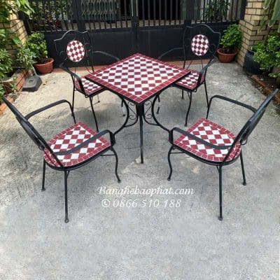 Bàn ghế sân vườn ngoài trời khung sắt mặt đá mosaic BP006