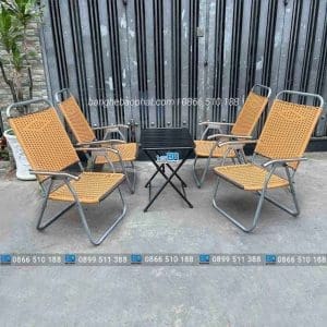 Bộ bàn ghế xếp cafe khung sắt đan mây nhựa 9 Bàn ghế xếp cafe khung sắt đan mây nhựa