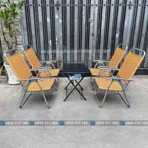 Bộ bàn ghế xếp cafe khung sắt đan mây nhựa 11 Bàn ghế xếp cafe khung sắt đan mây nhựa