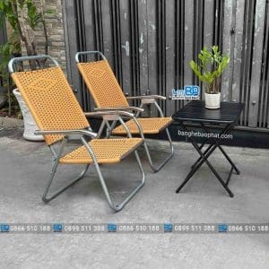 Bàn ghế xếp cafe khung sắt đan mây nhựa
