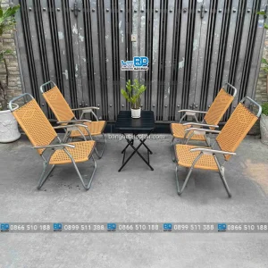 Bộ bàn ghế xếp cafe khung sắt đan mây nhựa 10 Bàn ghế xếp cafe khung sắt đan mây nhựa
