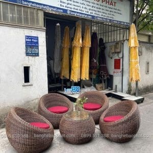 Bộ bàn ghế nhựa giả mây tròn tay to hình quả trứng 10 Ghế nhựa giả mây tròn trứng tay to