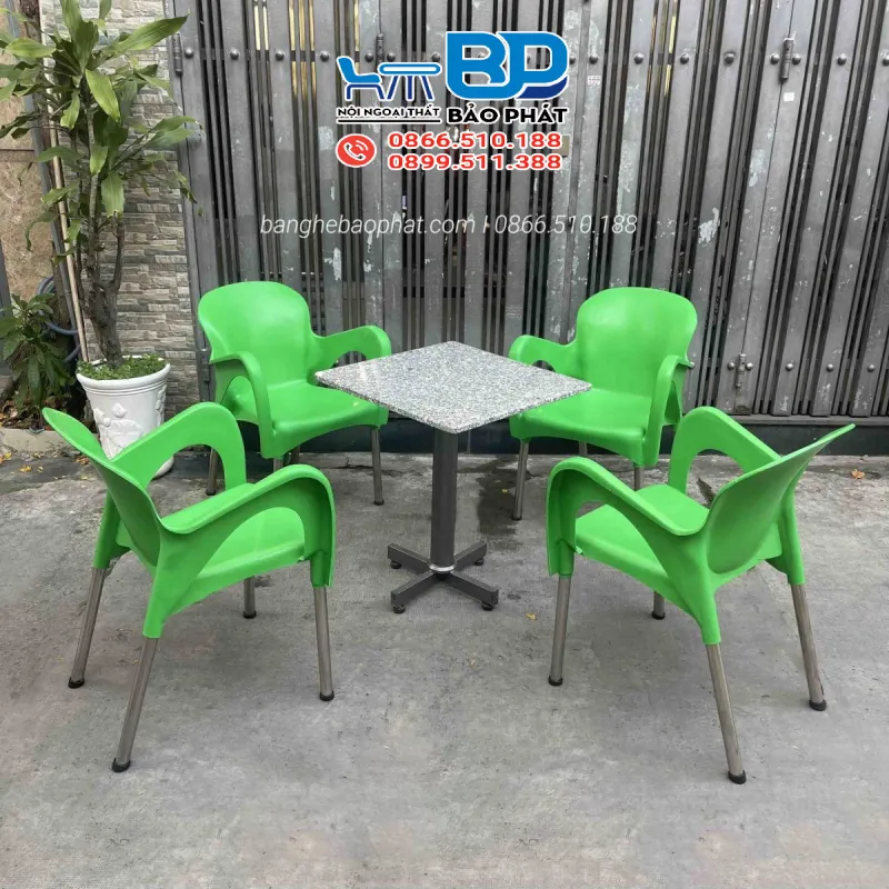 Bàn ghế nhựa cafe chân inox BGNBP001 thanh lý