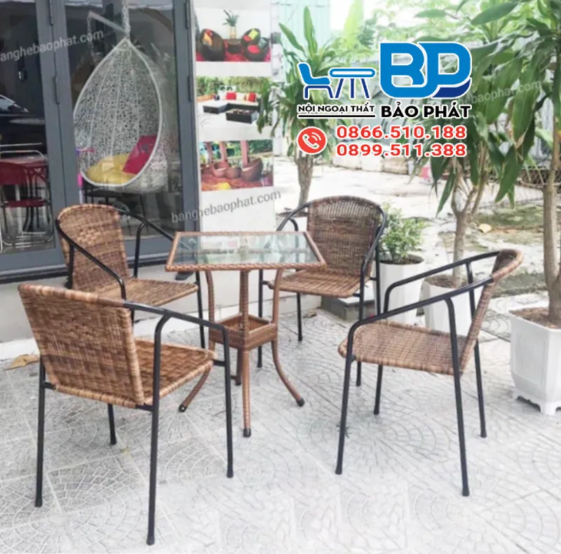 Bàn ghế nhựa giả mây cafe dây tròn ghế cocala BGNGMBP013