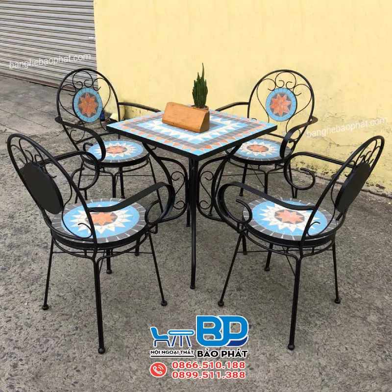 Bàn ghế sắt cafe mặt đá mosaic BP005
