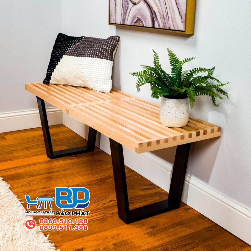 Ghế băng dài gỗ tự nhiên kết hợp chân sắt