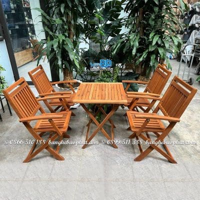 Bàn ghế cafe gỗ xếp có tay tựa