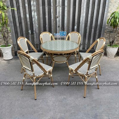 Bộ bàn ghế nhựa giả mây ngoài trời sân vườn bàn 90cm