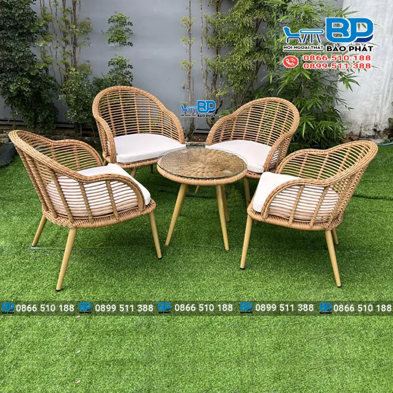 Mẫu bàn ghế mây nhựa cafe ngoài trời kết hợp đệm BGMNBP067