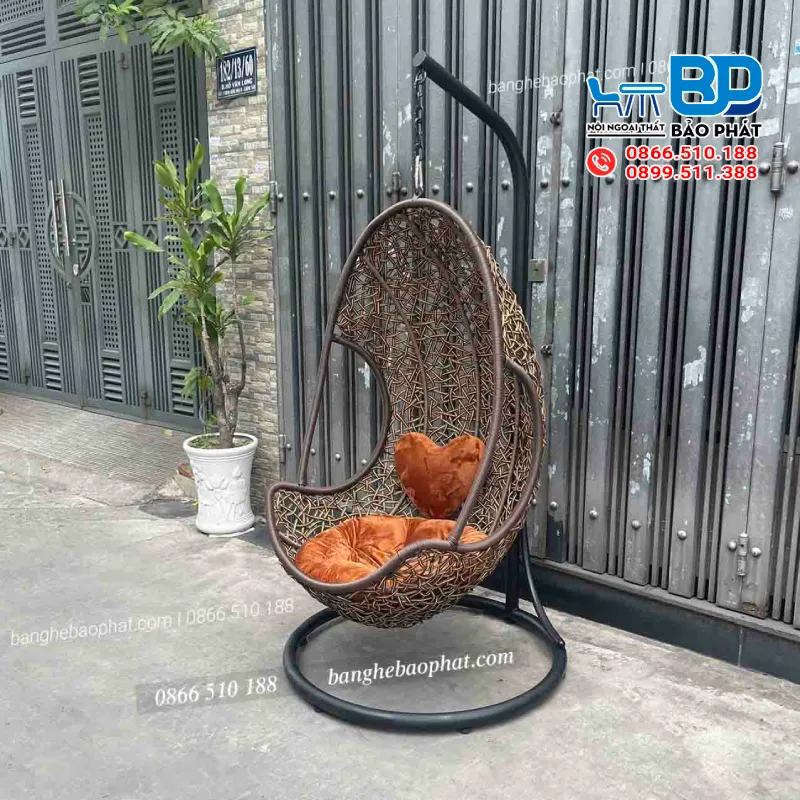 Xích đu trong nhà nhựa giả mây tay cong đan rối 3 sợi XĐBP012