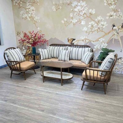 Bộ sofa gỗ tay cong đan mây