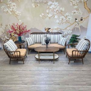 Bộ sofa gỗ tay cong đan mây