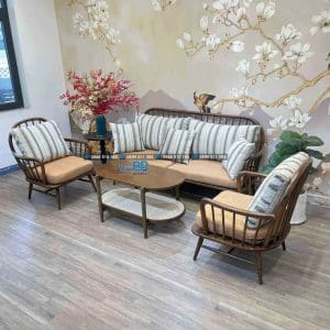 Bộ sofa gỗ tay cong đan mây