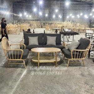 Bộ sofa gỗ tay cong đan mây