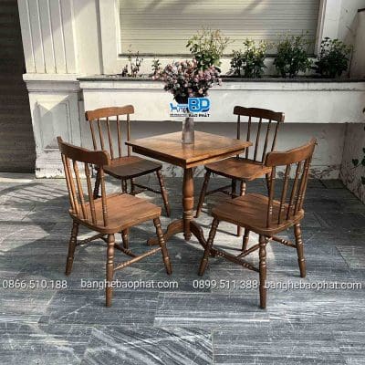 Bộ bàn ghế cafe gỗ ghế 5 nan bàn chân tiện