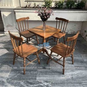 Bộ bàn ghế cafe gỗ ghế 5 nan bàn chân tiện