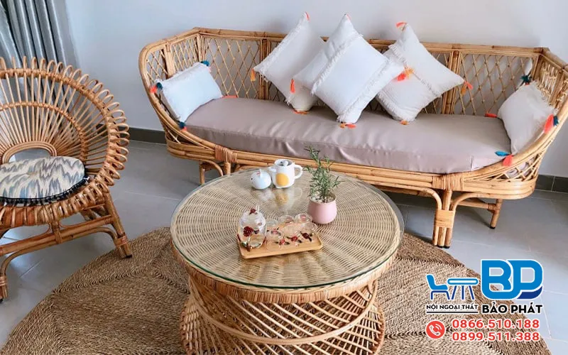 Sofa phòng khách từ chất liệu mây an toàn, thân thiện với môi trường