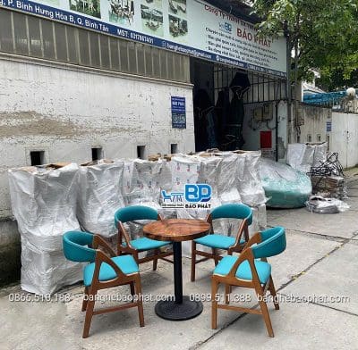 Bộ bàn ghế cafe gỗ nệm bàn me tây ghế bardon