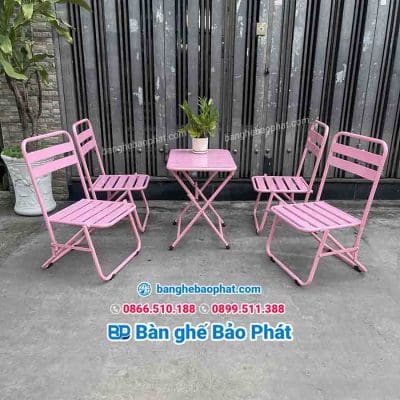 Bàn ghế xafe xếp gọn ghế xếp sắt la màu hồng