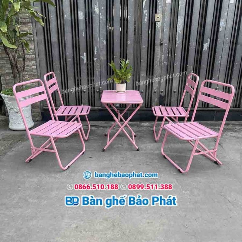Bàn ghế cafe xếp gọn ghế xếp sắt la 18 Bàn ghế xafe xếp gọn ghế xếp sắt la màu hồng