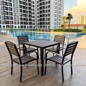 Bàn ghế nhựa giả gỗ ngoài trời bộ 1 bàn vuông 80cm 6 ghế tay cong