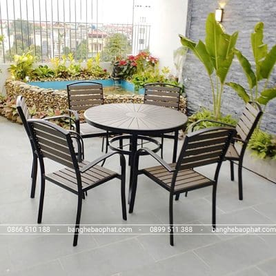 Bàn ghế nhựa giả gỗ ngoài trời bộ 1 bàn tròn 80cm 6 ghế tay cong