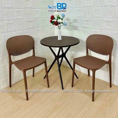 Bàn ghế nhựa nâu quán cafe 2 ghế 1 bàn
