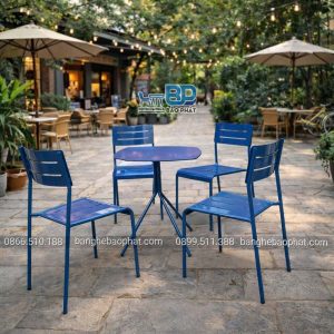 Bàn ghế sắt cafe ghế sắt 5 sọc màu xanh dương