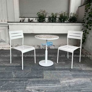 Bộ bàn ghế sắt cafe ghế sắt 5 sọc 10 Bàn ghế sắt cafe màu trắng ghế sắt 5 sọc