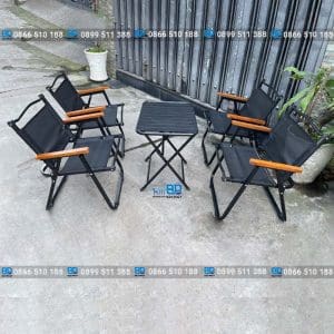 Bàn ghế xếp quán cafe khung sắt mặt lưới tay gỗ