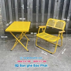 Bộ bàn ghế cafe xếp gọn có tay tựa sắt CNC 11 Kích thước bàn ghế cafe xếp gọn tay gỗ sắt CNC