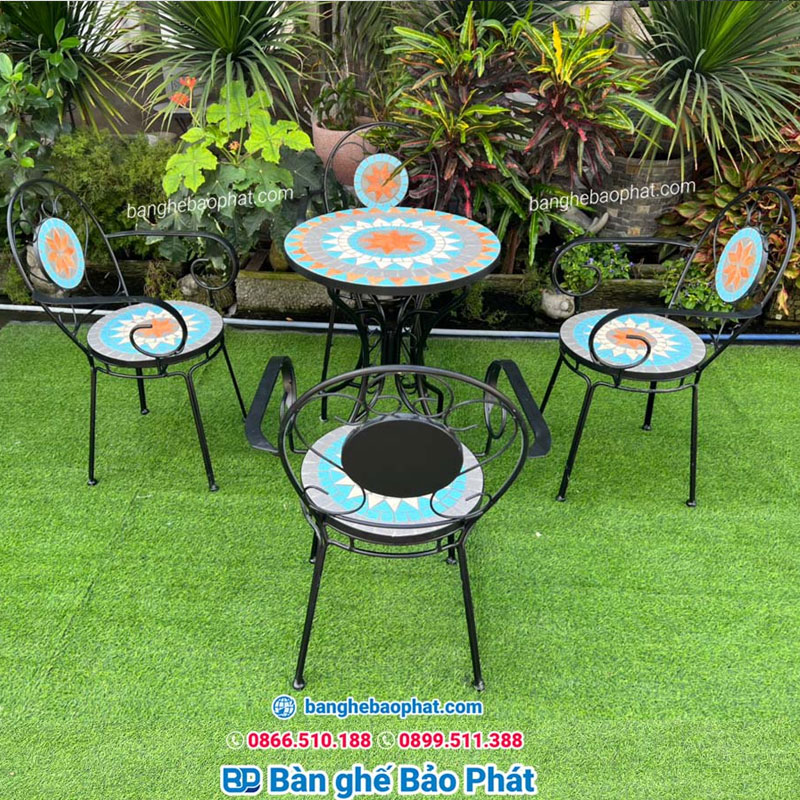 Bàn ghế cà phê sắt mặt đá mosaic