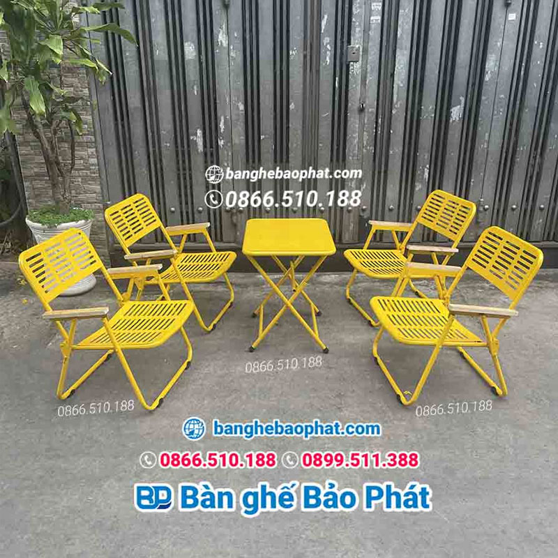Bộ bàn ghế cafe xếp gọn có tay tựa sắt CNC