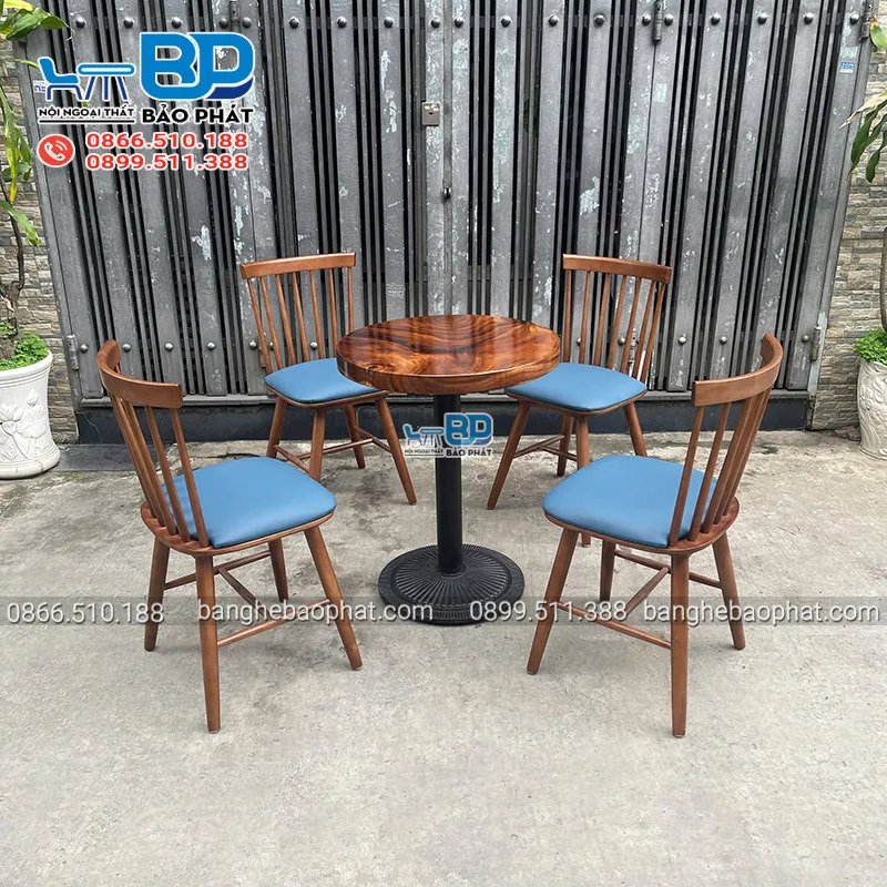Bàn ghế gỗ nệm quán cafe ghế 7 nan bộc nệm