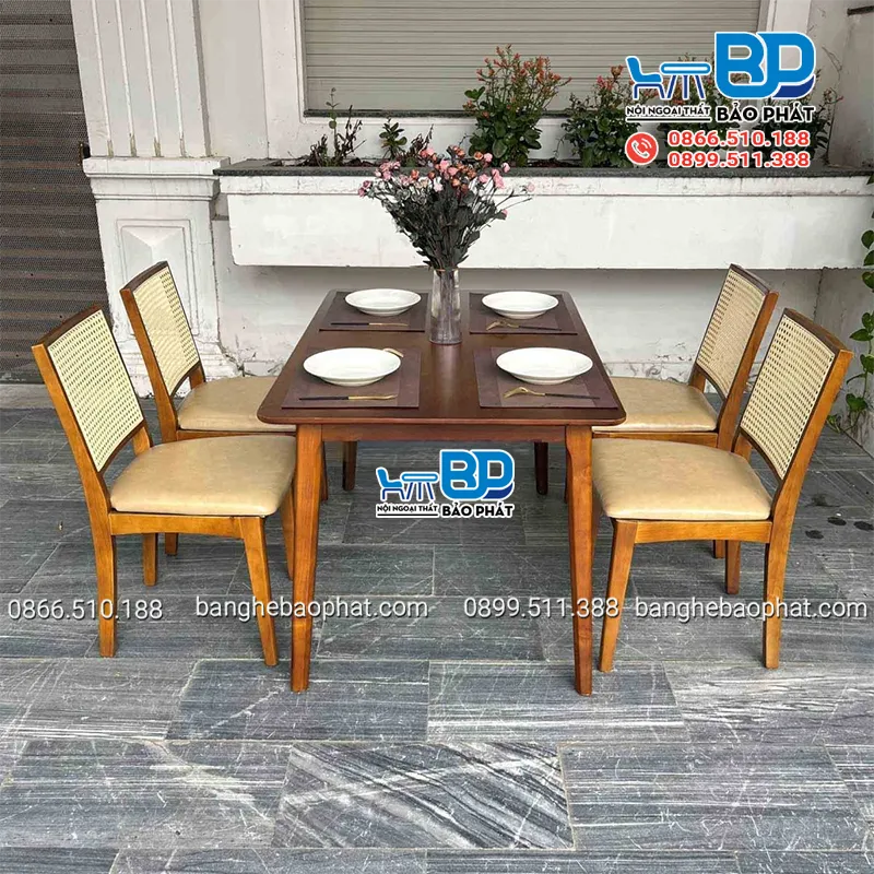 Bộ bàn ăn 4 ghế hiện đại ghế Mila bàn Ashley sơn nâu