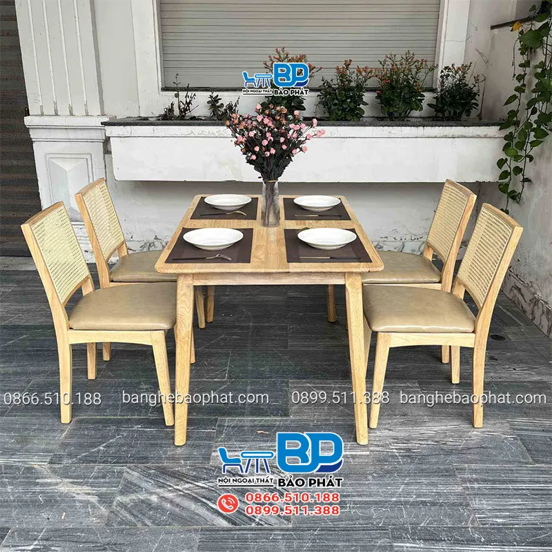 Bộ bàn ăn 4 ghế hiện đại ghế Mila lưng đan mây