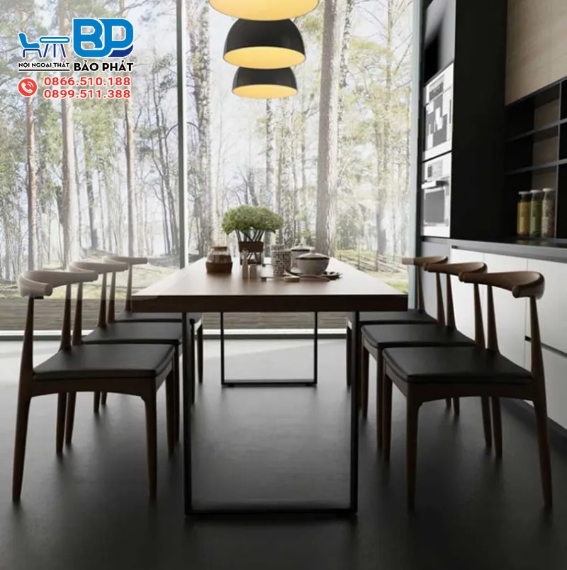 Bộ bàn ăn 6 ghế gỗ sồi ghế mặt trăng ấn tượng