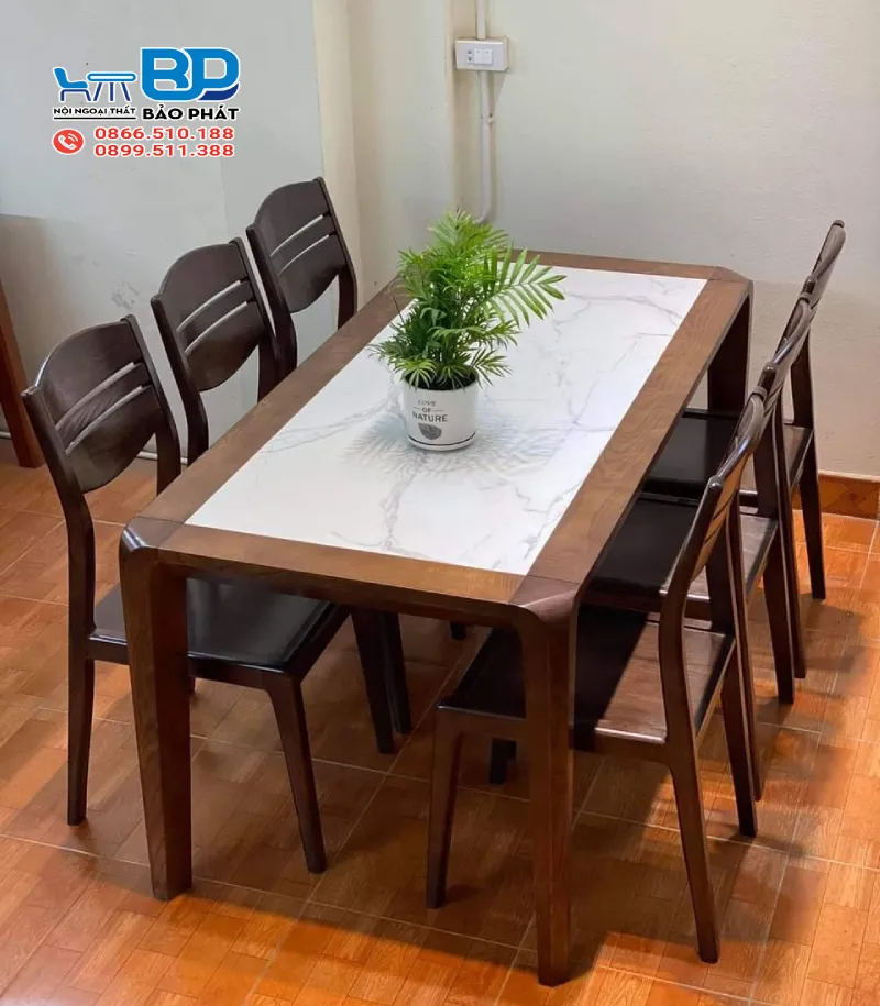 Bộ bàn ăn 6 ghế gỗ sồi kết hợp mặt đá